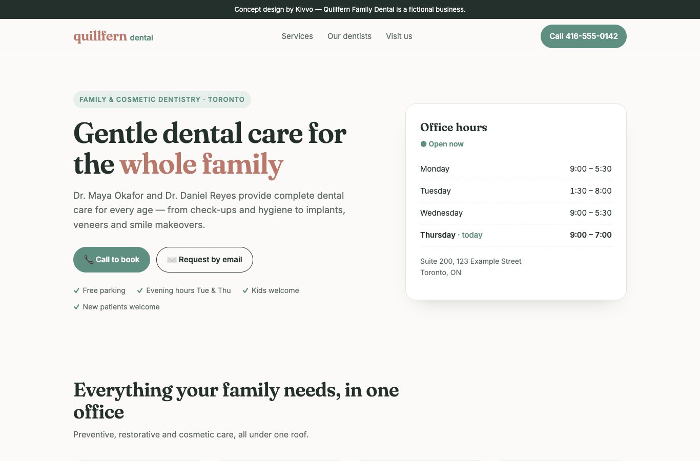 Desktop view of a refreshed dental website concept